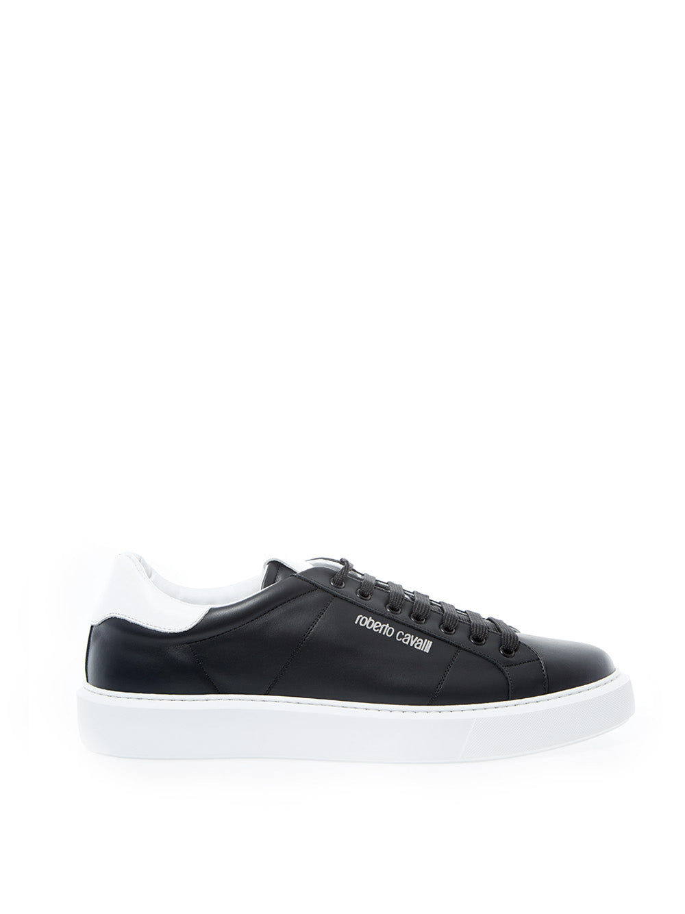 Roberto Cavalli Elegant Black Leather Sneakers with Silver Logo