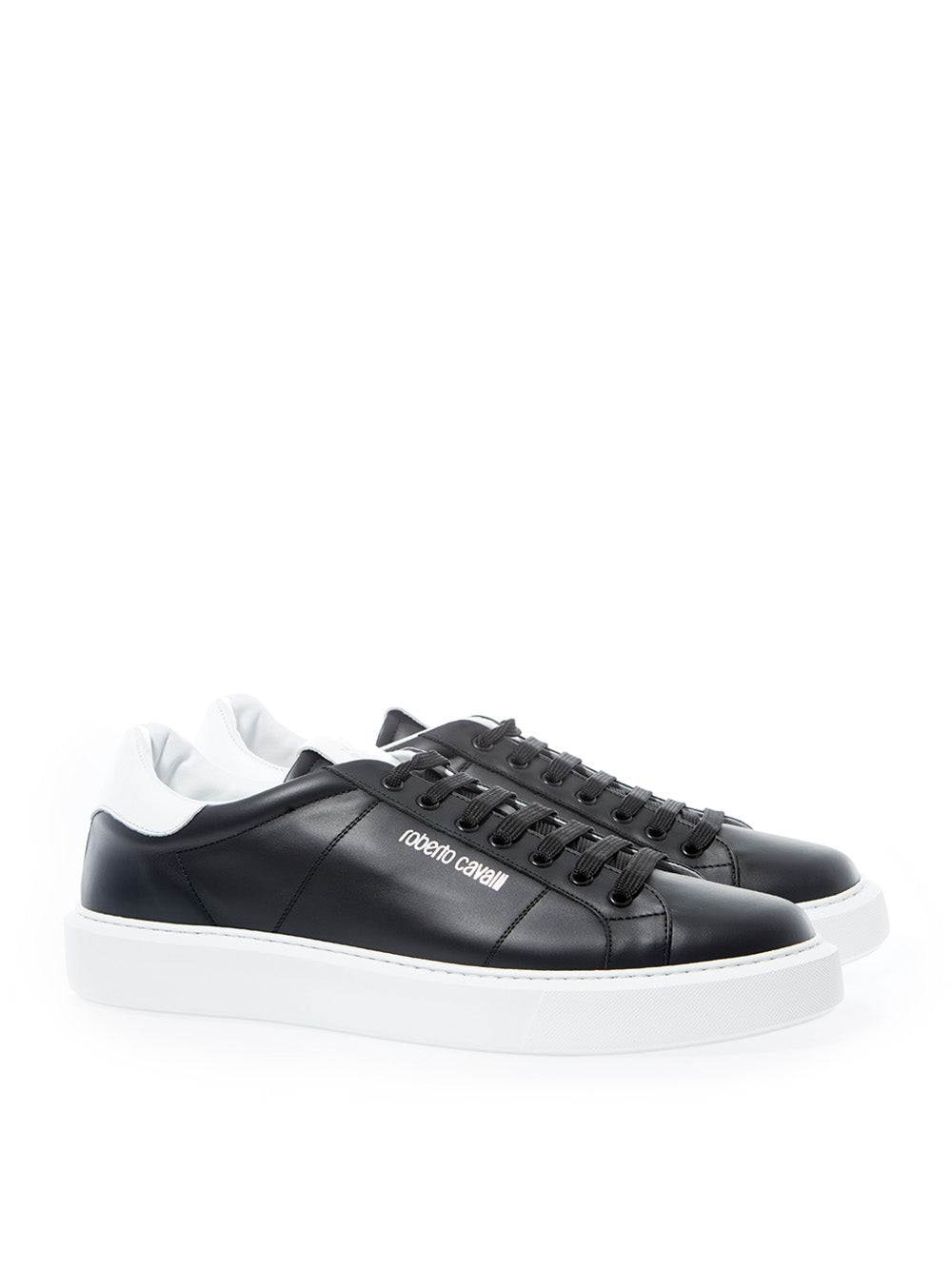 Roberto Cavalli Elegant Black Leather Sneakers with Silver Logo