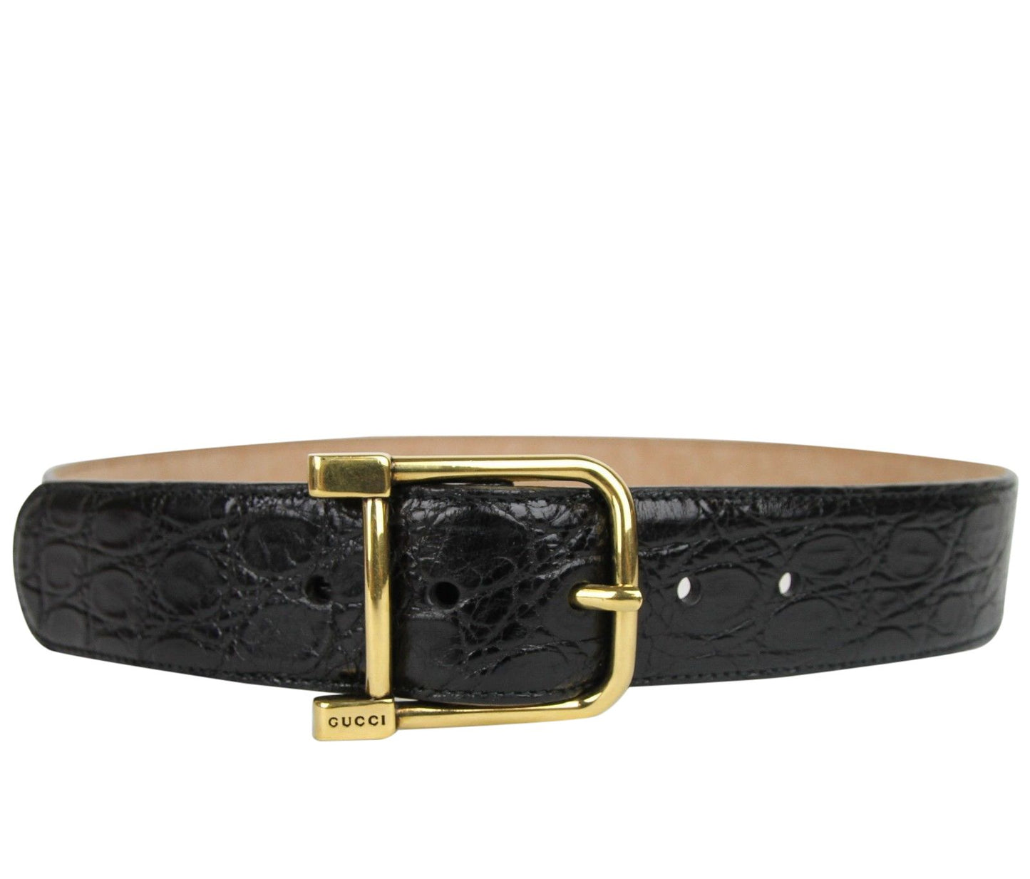 Gucci Gucci Women's Gold Square Buckle Black Crocodile Belt