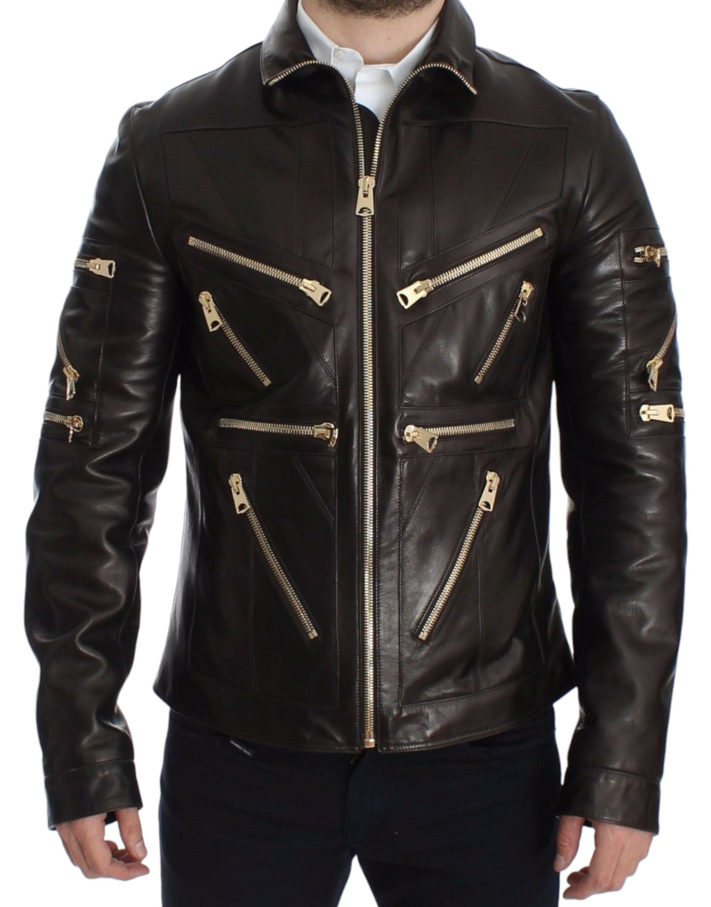 Dolce & Gabbana Brown Lambskin Leather Zipper Jacket