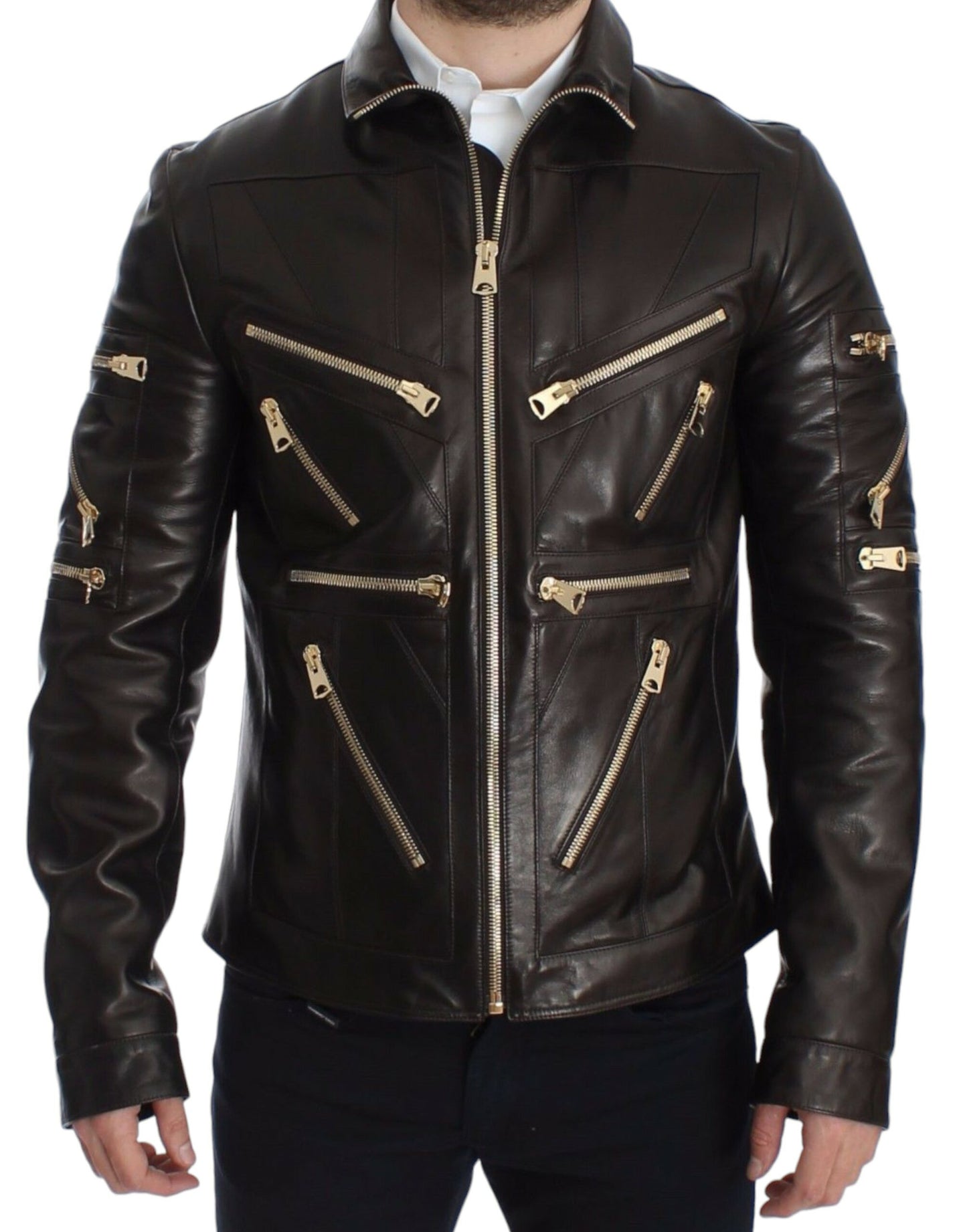 Dolce & Gabbana Brown Lambskin Leather Zipper Jacket