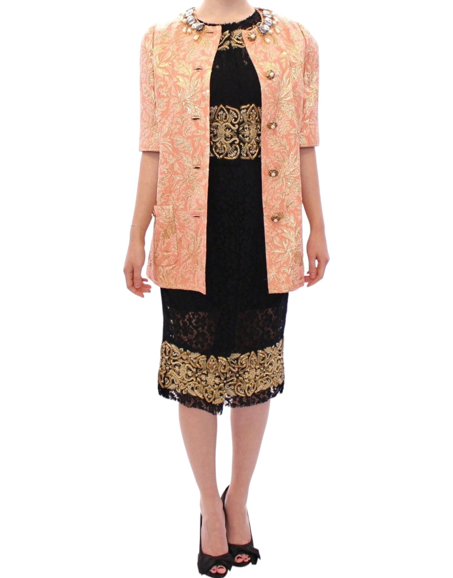 Dolce & Gabbana Pink Silk Brocade Crystal Jacket Coat