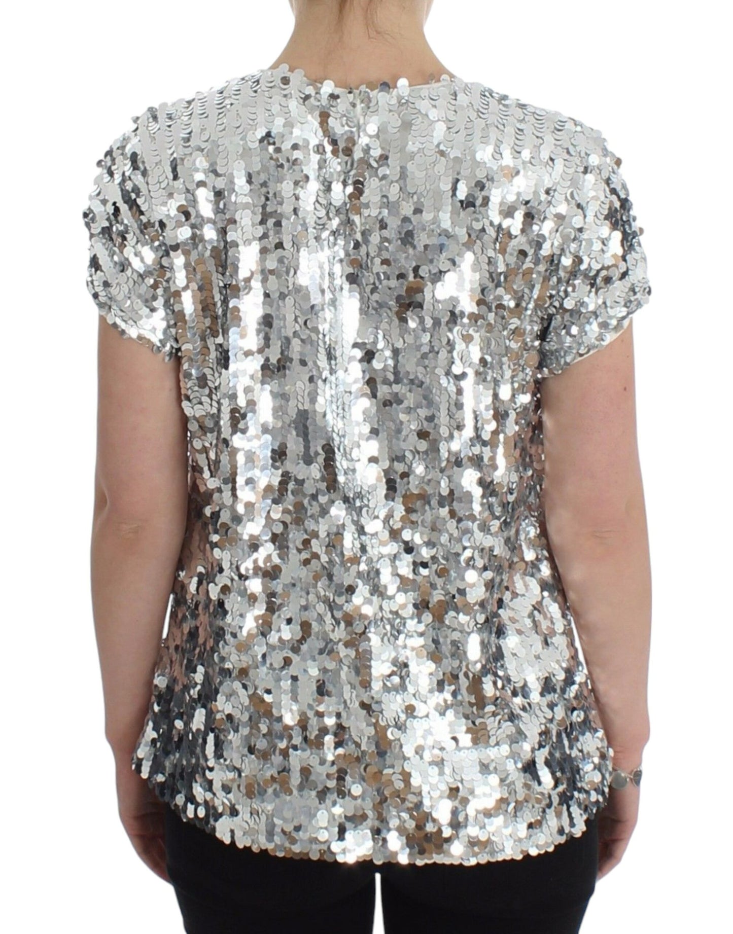 Dolce & Gabbana Silver Sequined Crewneck Blouse T-shirt Top