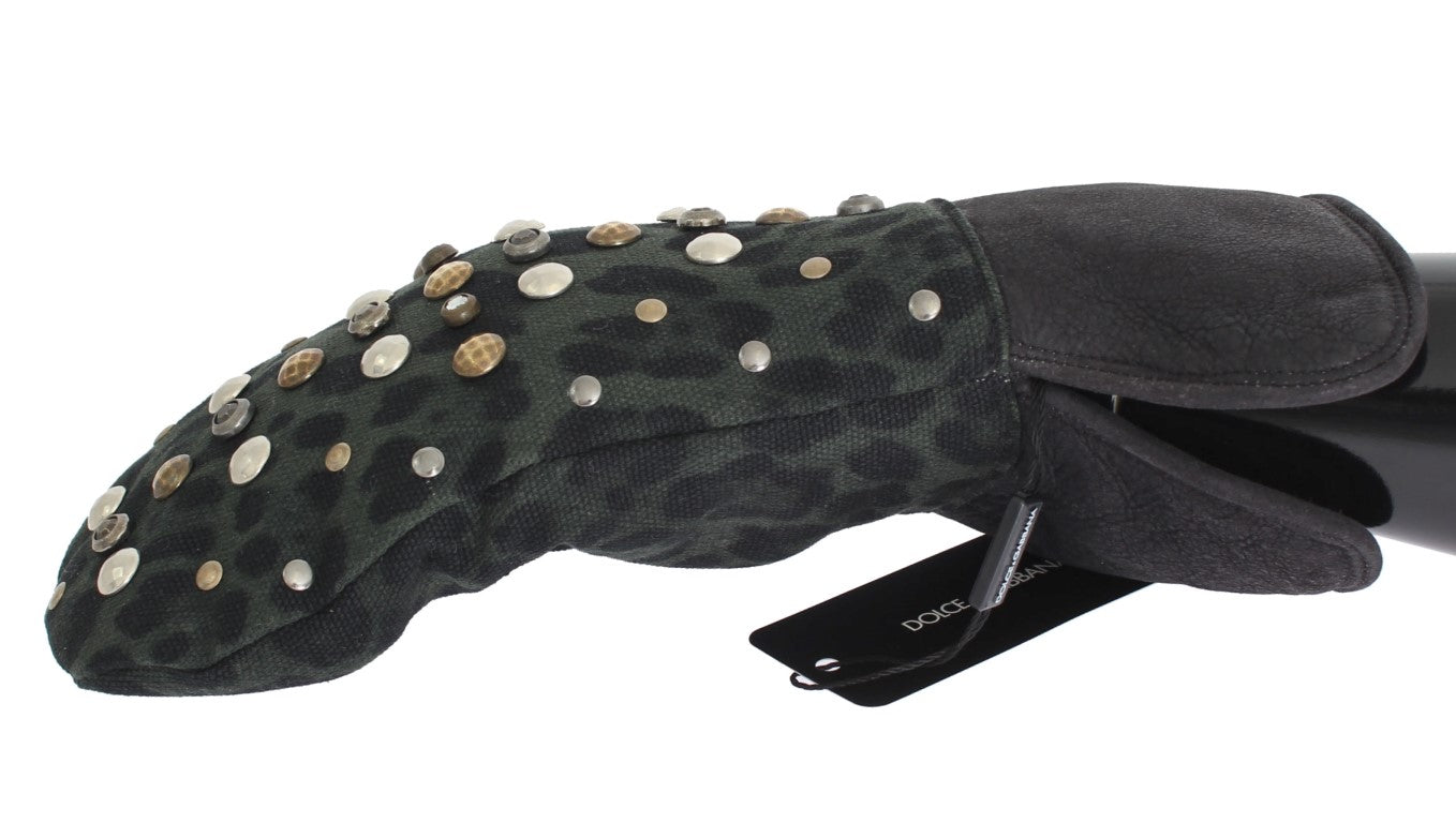 Dolce &Gabbana Grijze Wol Shearling Studded Green Leopard Handschoenen