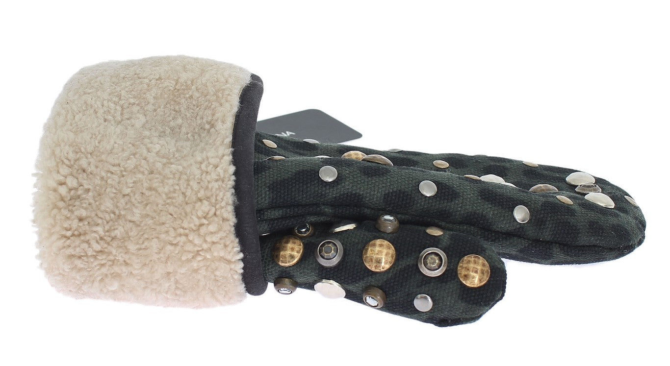 Dolce &Gabbana Grijze Wol Shearling Studded Green Leopard Handschoenen