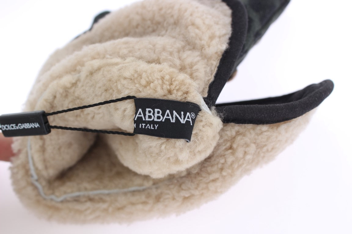 Dolce &Gabbana Grijze Wol Shearling Studded Green Leopard Handschoenen