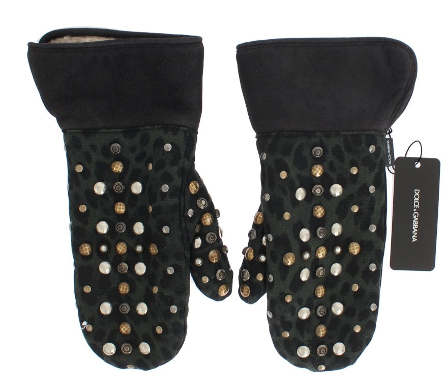 Dolce &Gabbana Grijze Wol Shearling Studded Green Leopard Handschoenen