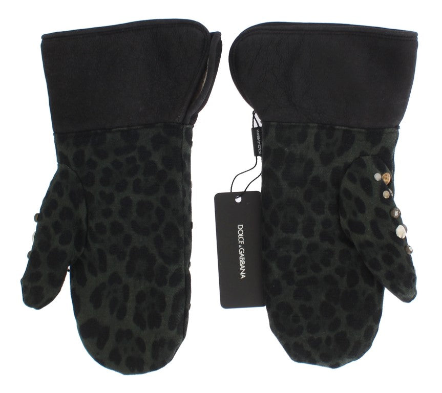 Dolce &Gabbana Grijze Wol Shearling Studded Green Leopard Handschoenen