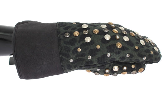 Dolce &Gabbana Grijze Wol Shearling Studded Green Leopard Handschoenen