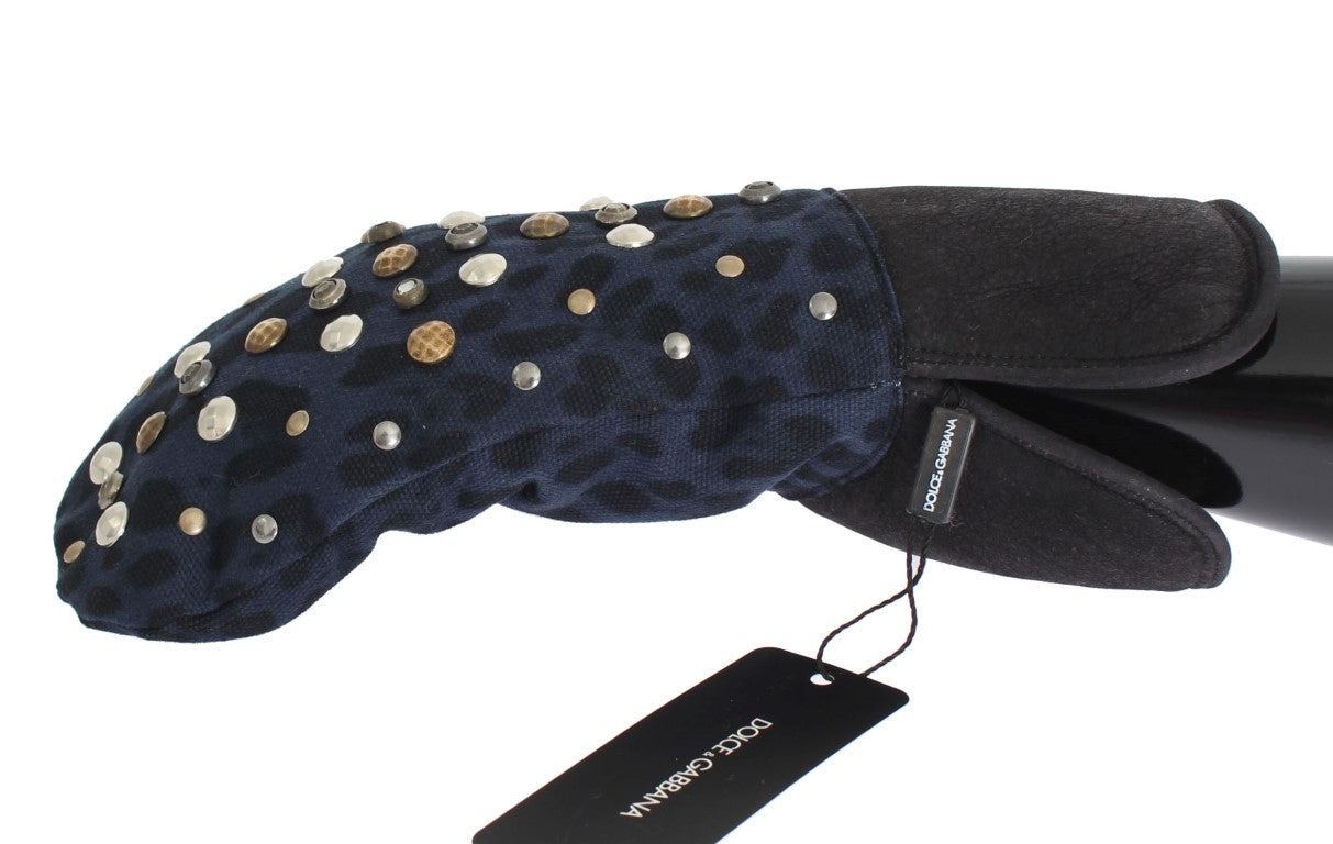 Dolce &Gabbana Grijze Wol Shearling Studded Blue Leopard Handschoenen