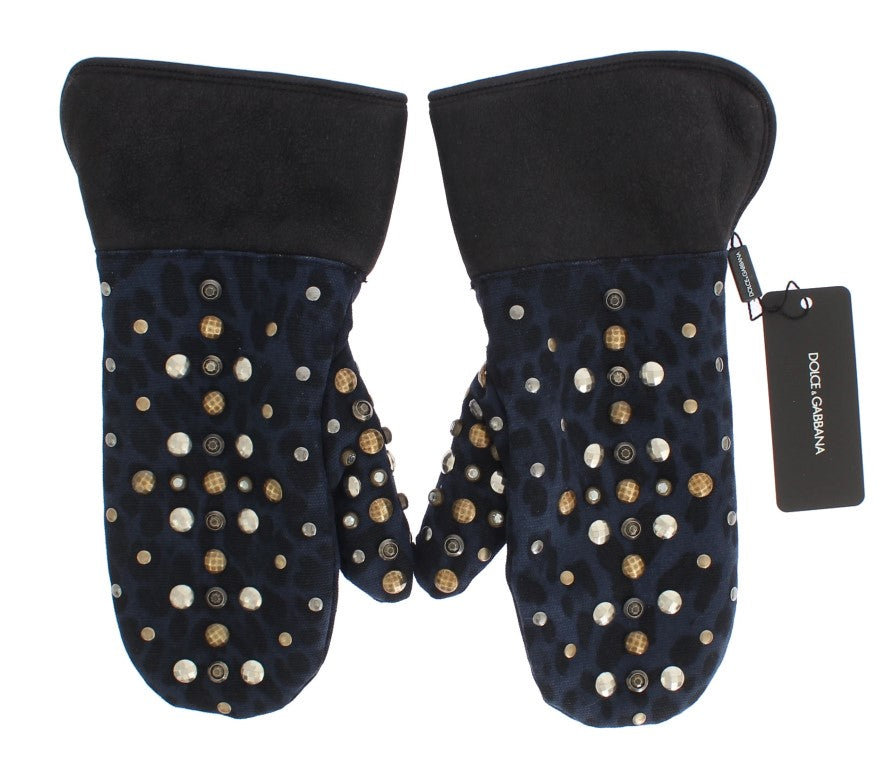 Dolce &Gabbana Grijze Wol Shearling Studded Blue Leopard Handschoenen