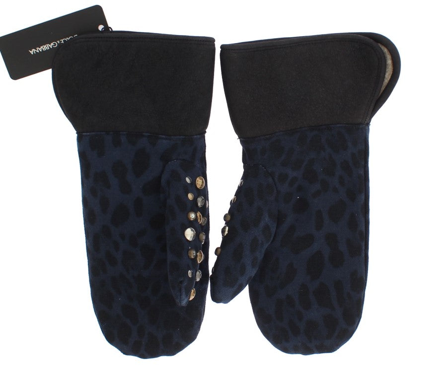 Dolce &Gabbana Grijze Wol Shearling Studded Blue Leopard Handschoenen