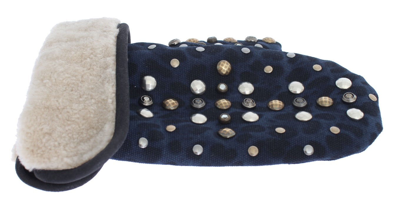 Dolce &Gabbana Grijze Wol Shearling Studded Blue Leopard Handschoenen