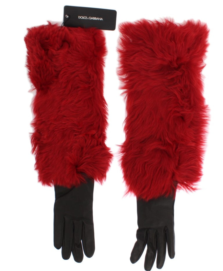 Dolce & Gabbana Brown Leather Red Fur Elbow Gloves