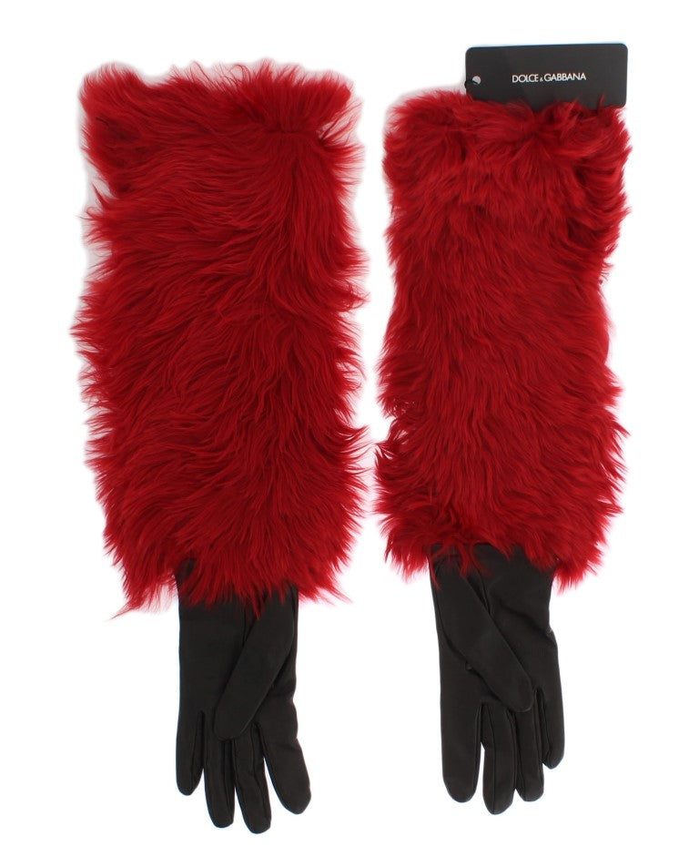 Dolce & Gabbana Brown Leather Red Fur Elbow Gloves