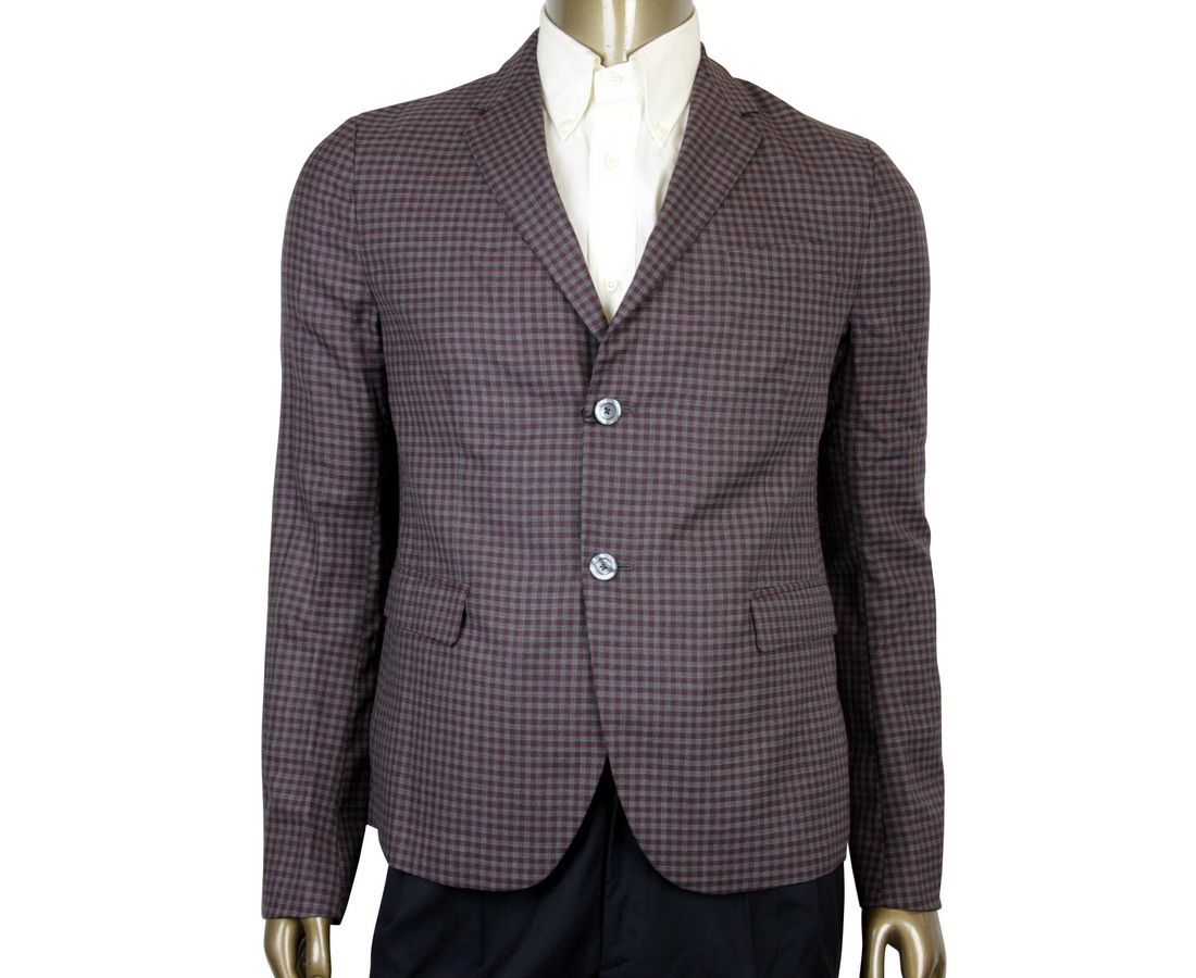 Gucci Gucci Men's 2 Buttons Grey / Burgundy Vichy Wool Gauze Jacket