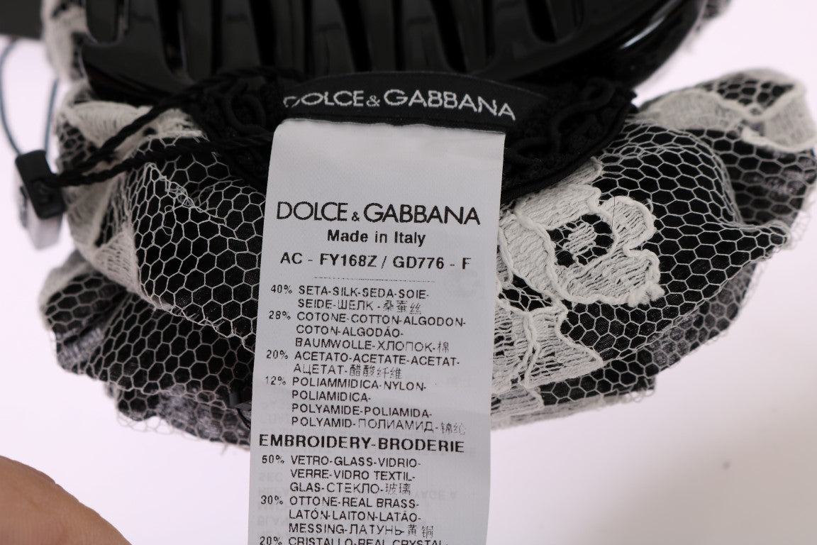 Dolce &Gabbana Zwart Wit Bloemen Kant Crystal Hair Claw