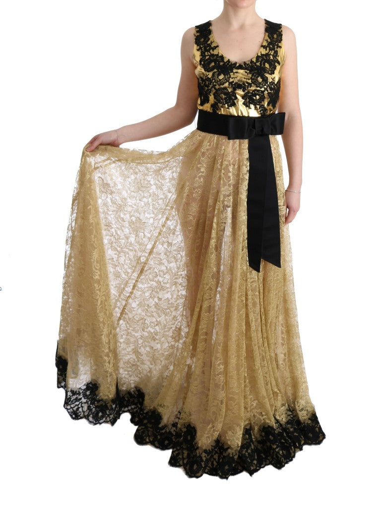 Dolce & Gabbana Elegant Gold Floral Lace Gown Dress