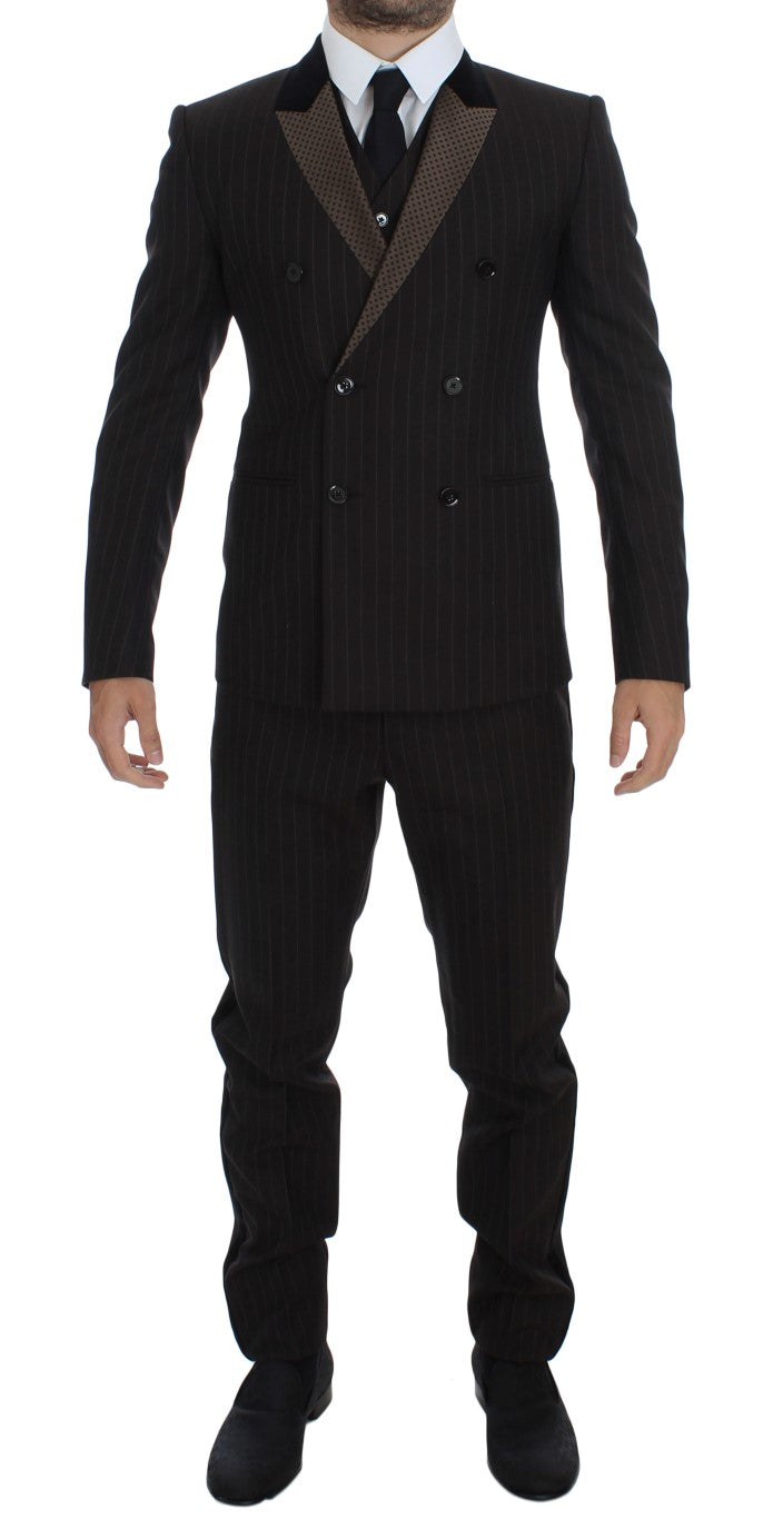 Dolce & Gabbana Elegant Brown Striped Three-Piece Tuxedo