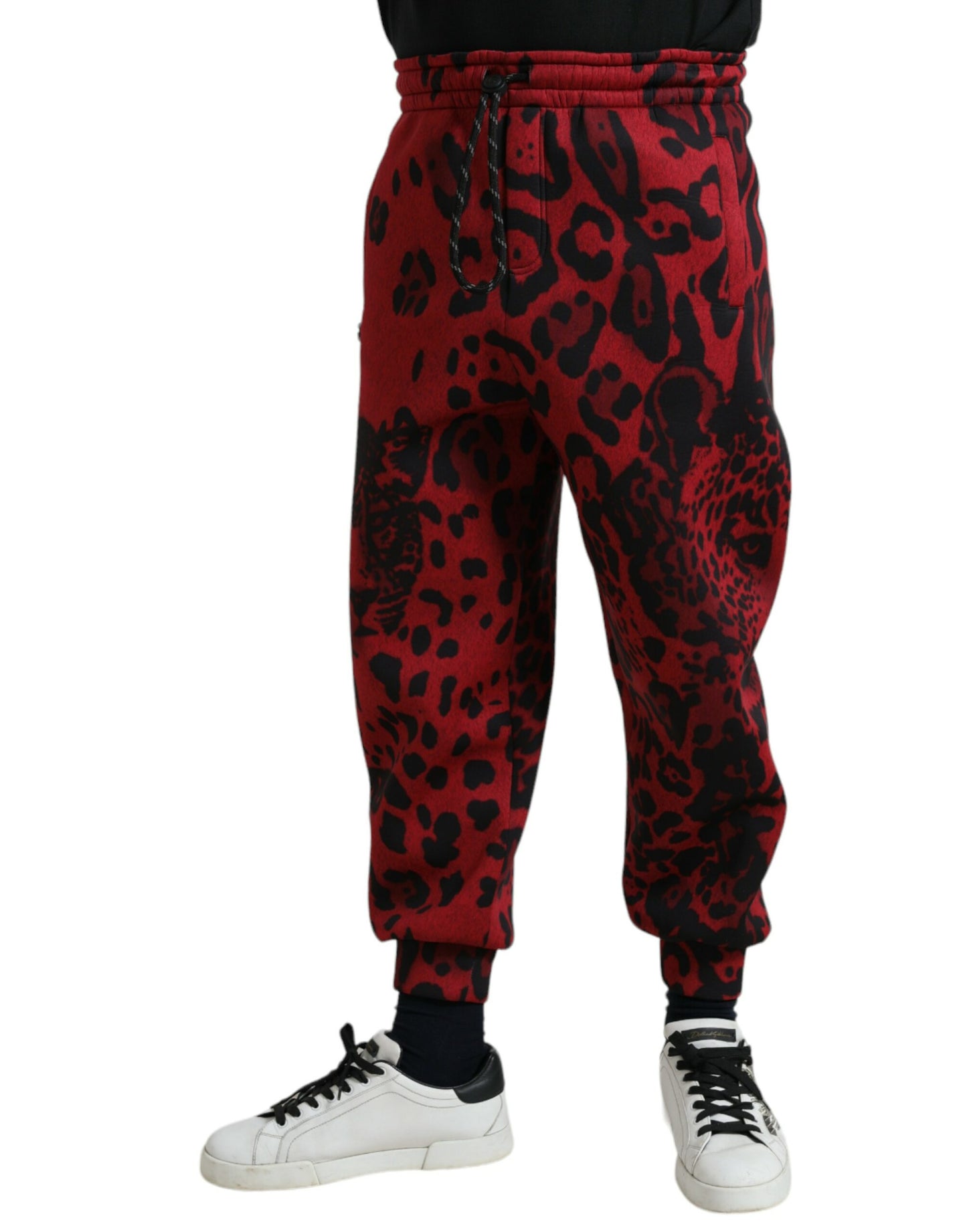 Dolce & Gabbana Red Black Leopard Print Stretch Jogger Pants