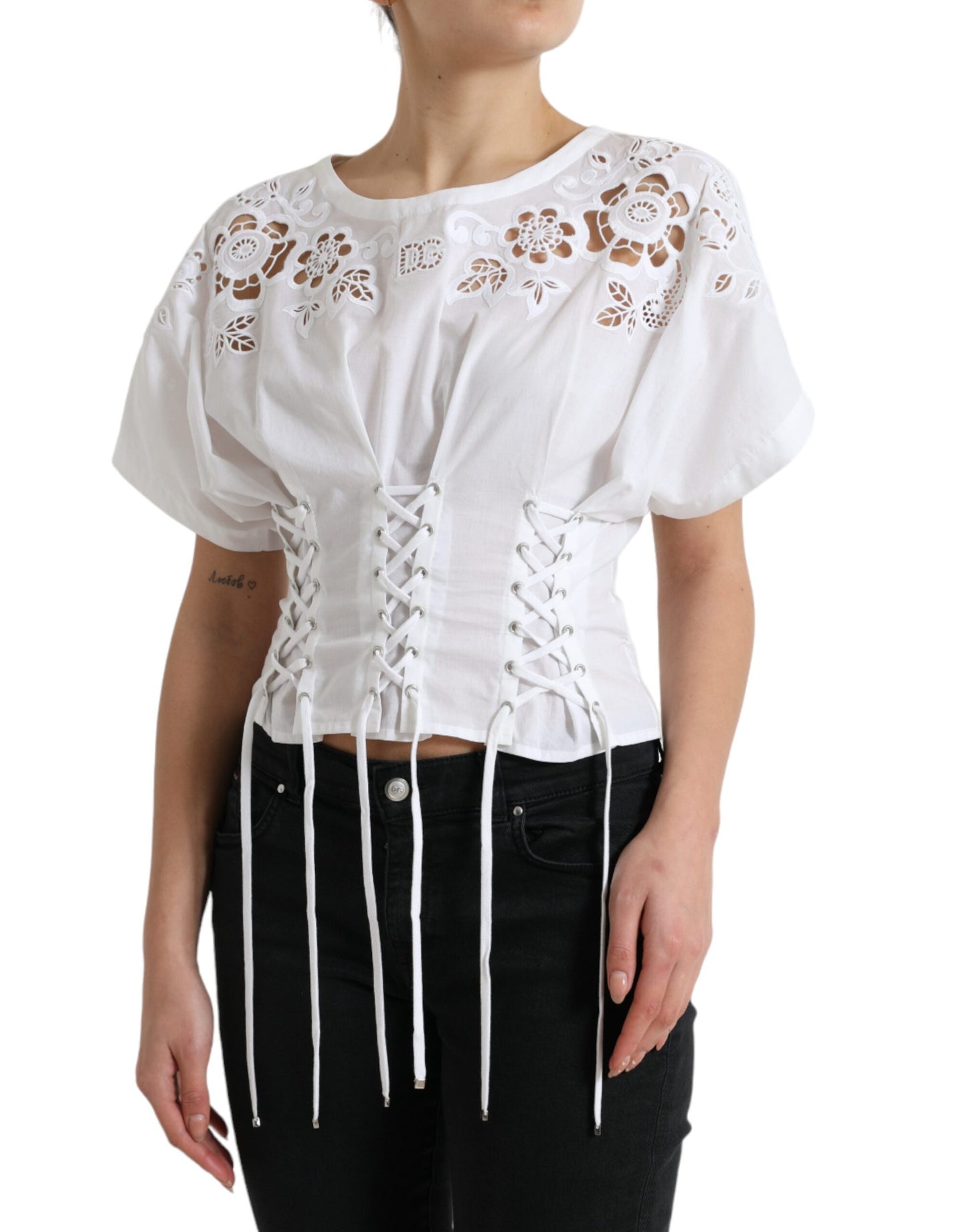 Dolce & Gabbana White Cotton Floral Cut Out Blouse Top