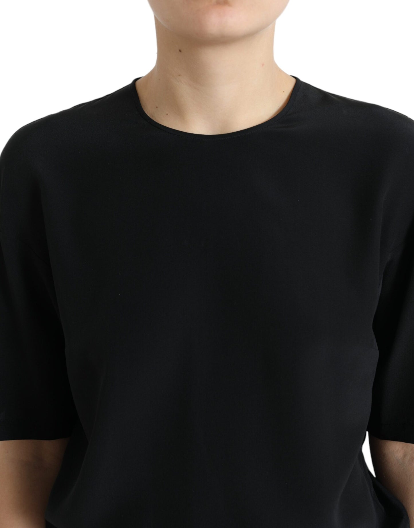 Dolce & Gabbana Black Silk Round Neck Short Sleeve Blouse Top