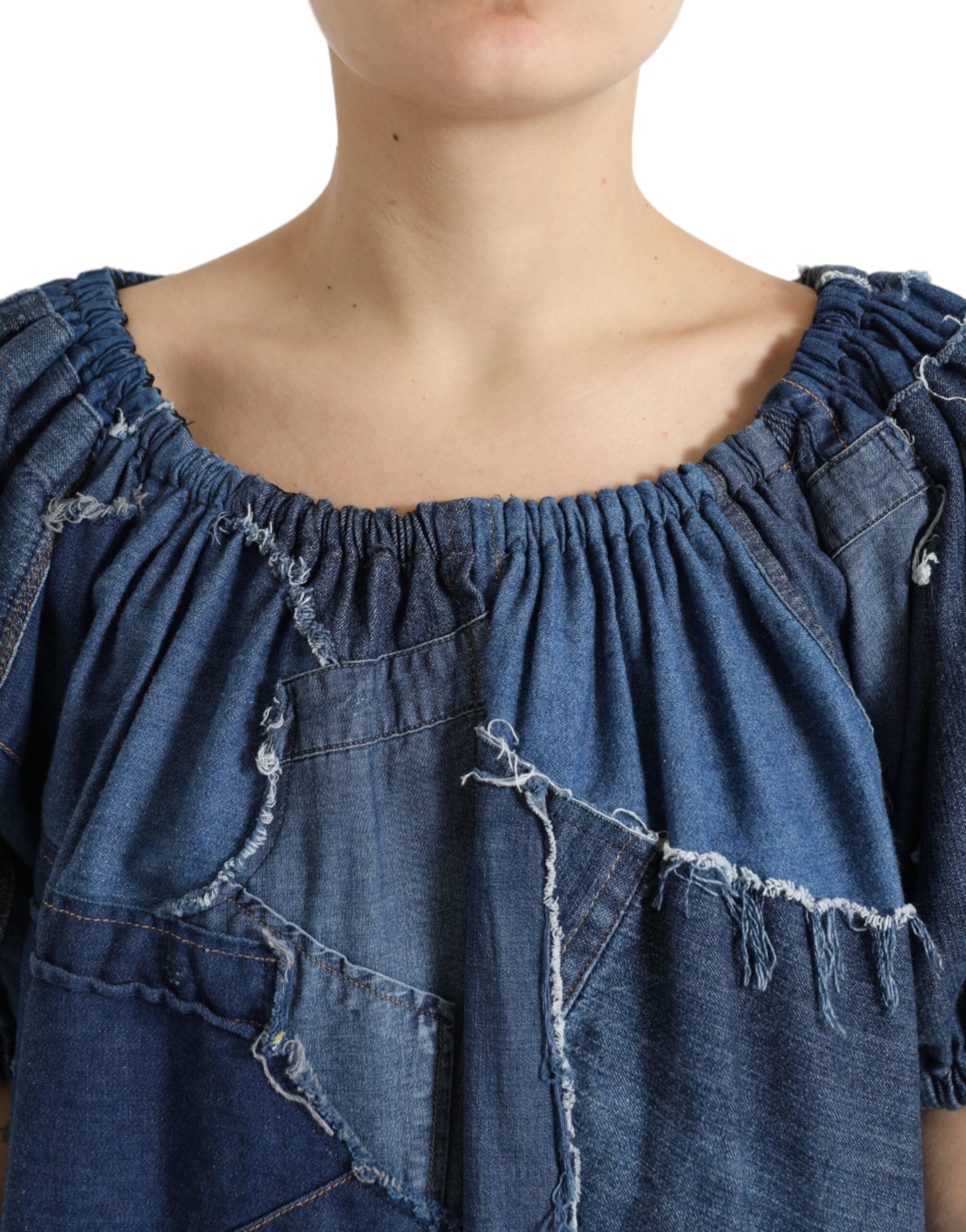 Dolce & Gabbana Blue Patchwork Short Sleeves Denim Blouse Top