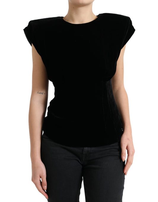 Dolce & Gabbana Black Velvet Fitted Padded Shoulder Blouse Top