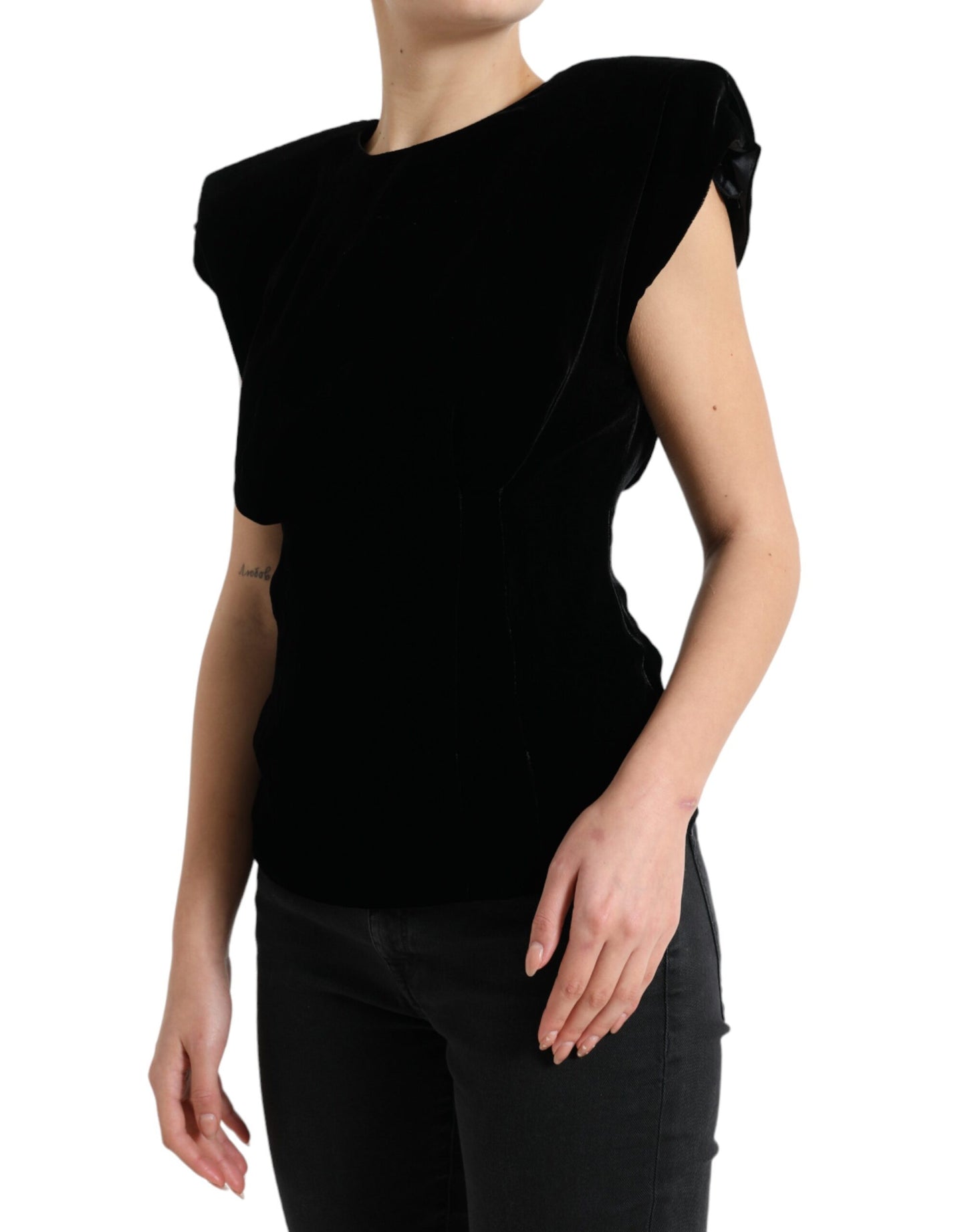 Dolce & Gabbana Black Velvet Fitted Padded Shoulder Blouse Top