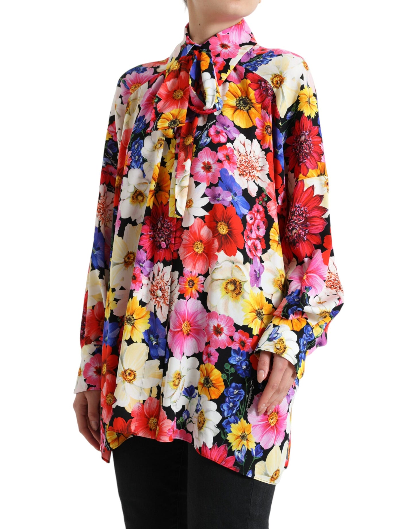 Dolce & Gabbana Multicolor Floral Ascot Collared Blouse Top