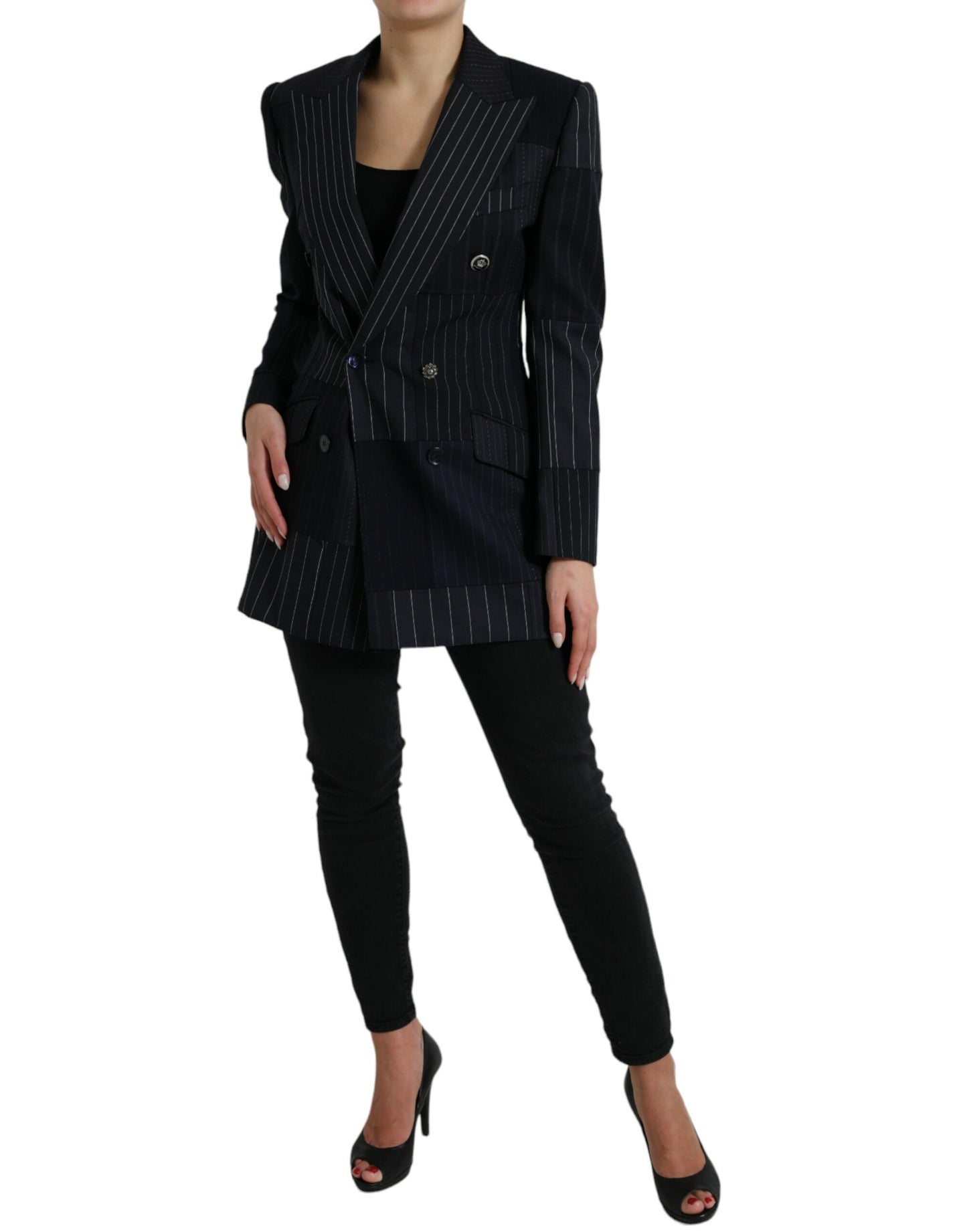 Dolce & Gabbana Black Striped Wool DoubleBreasted Coat Jacket