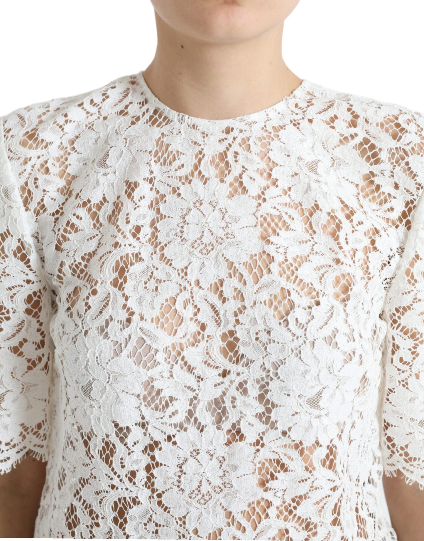 Dolce & Gabbana White Floral Lace Cotton Round Neck Blouse Top