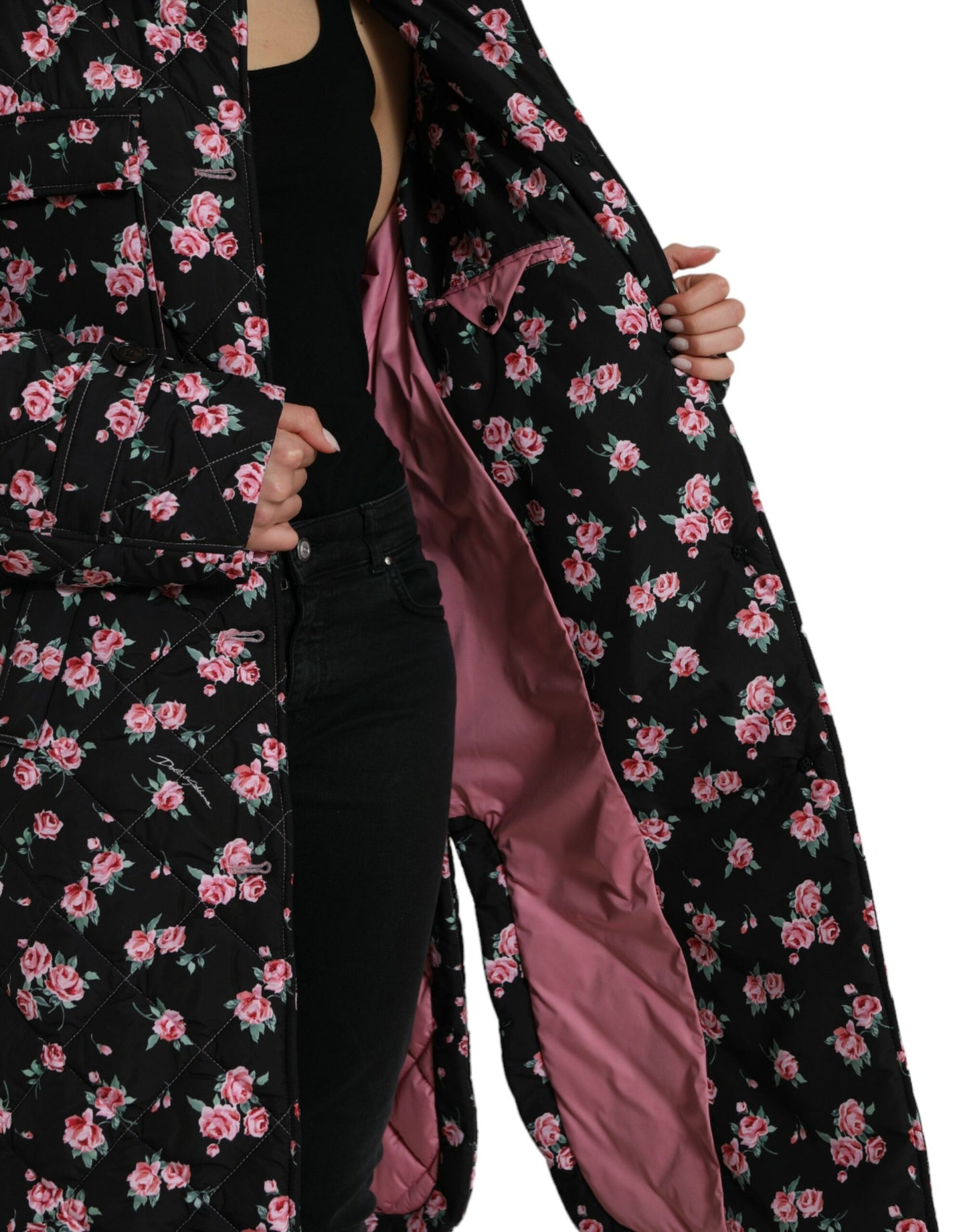 Dolce & Gabbana Black Floral Collared Trench Coat Jacket