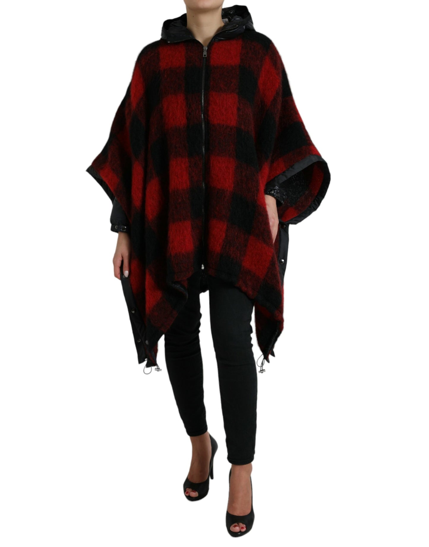 Dolce & Gabbana Black Red Buffalo Check Hooded Poncho Jacket