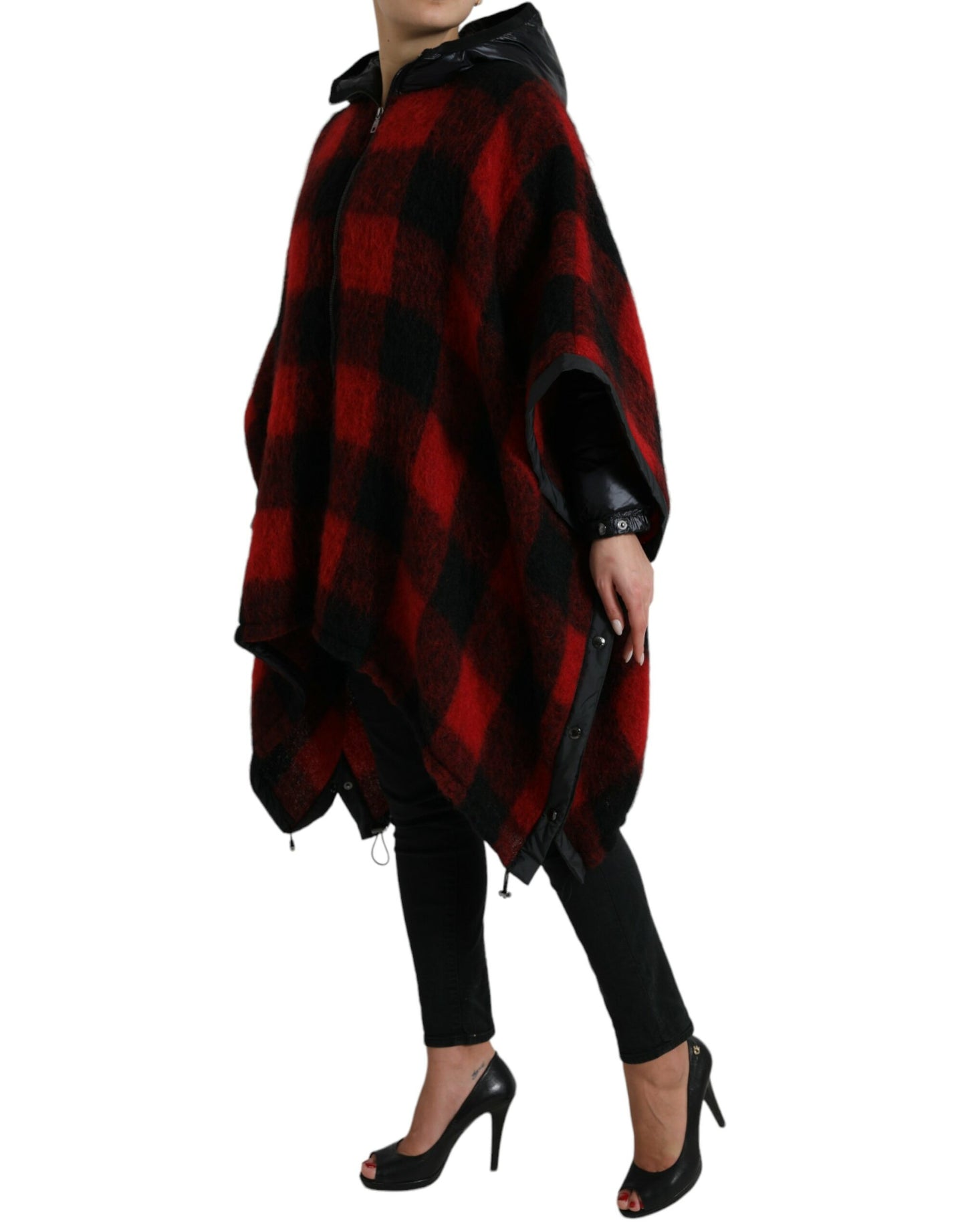 Dolce & Gabbana Black Red Buffalo Check Hooded Poncho Jacket