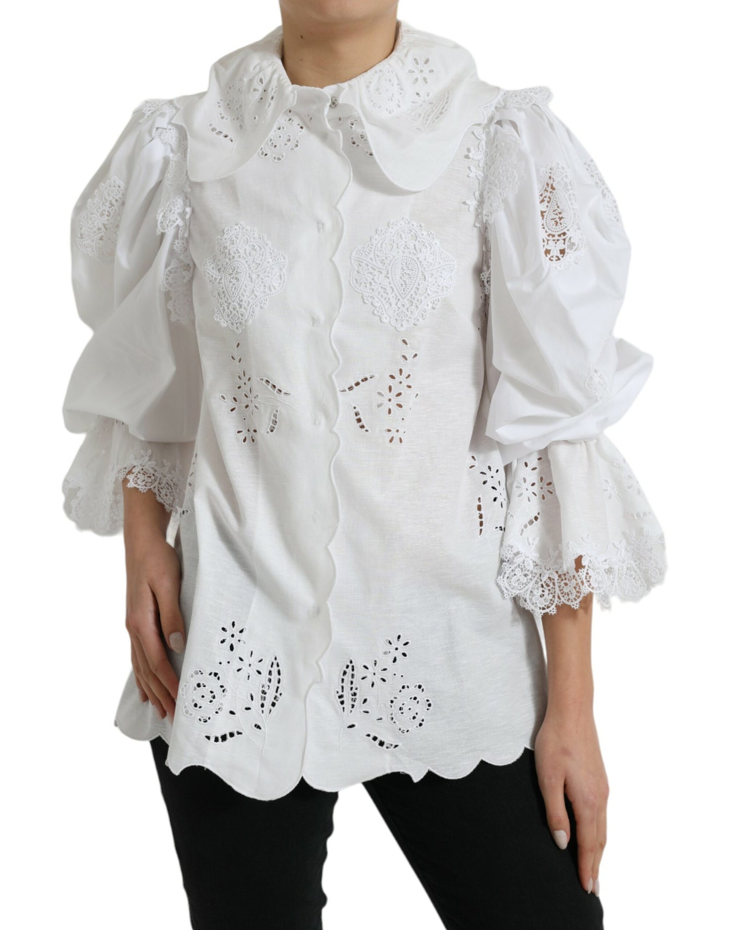 Dolce & Gabbana White Cotton Lace Trim Collared Blouse Top