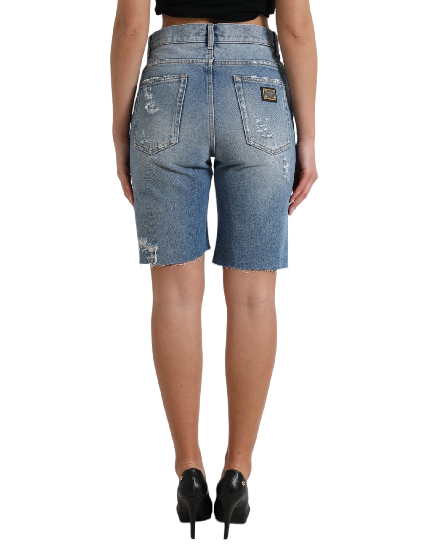 Dolce & Gabbana Blue Tattered Embellished Bermuda Shorts