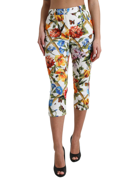 Dolce & Gabbana White Majolica Print High Waist Cropped Pants