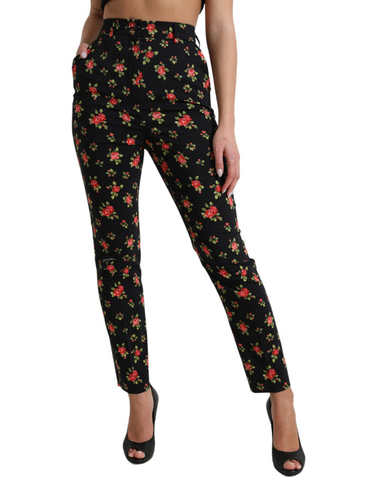 Dolce & Gabbana Black Floral Wool High Waist Tapered Pants