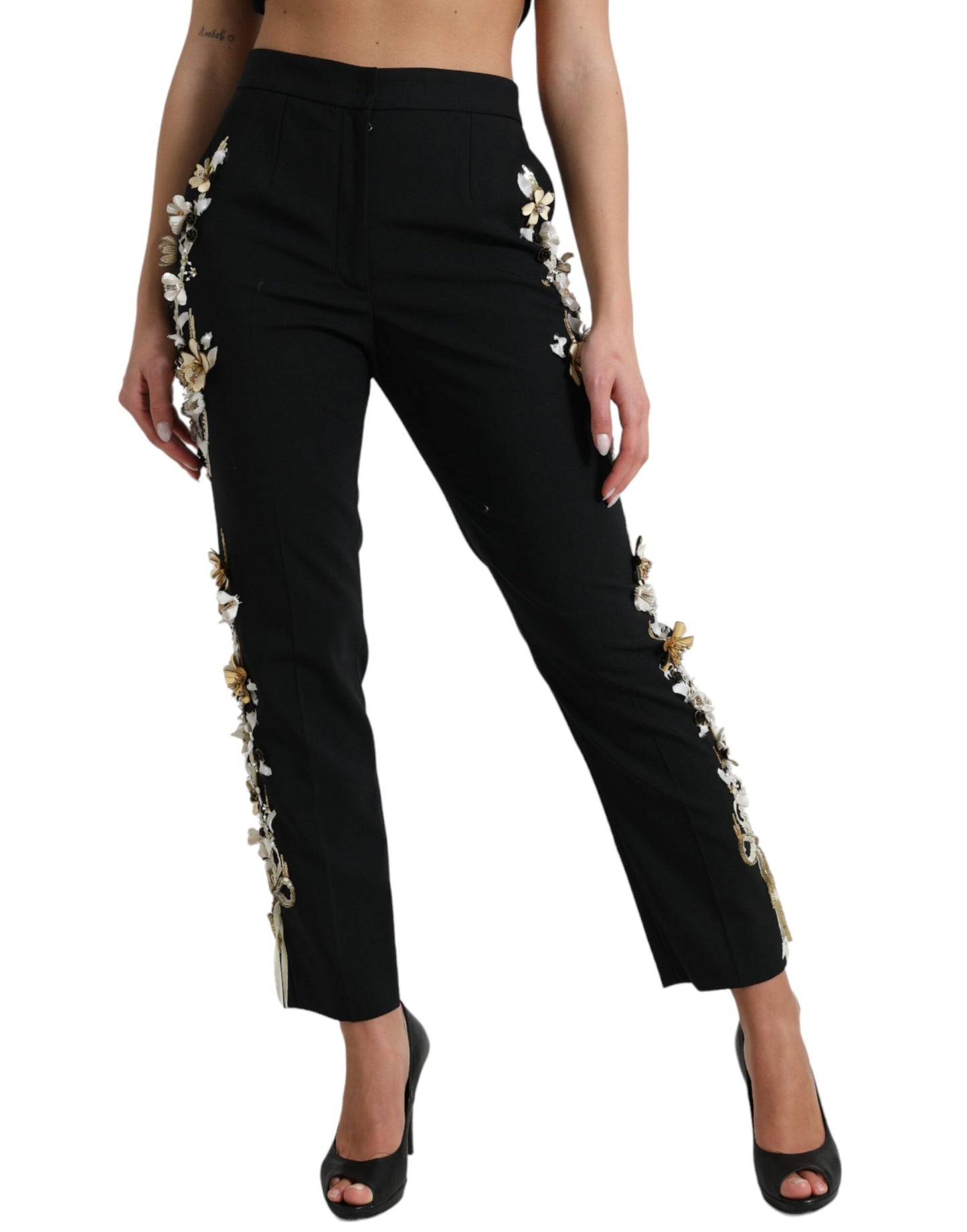 Dolce & Gabbana Black Floral Applique High Waist Tapered Pants