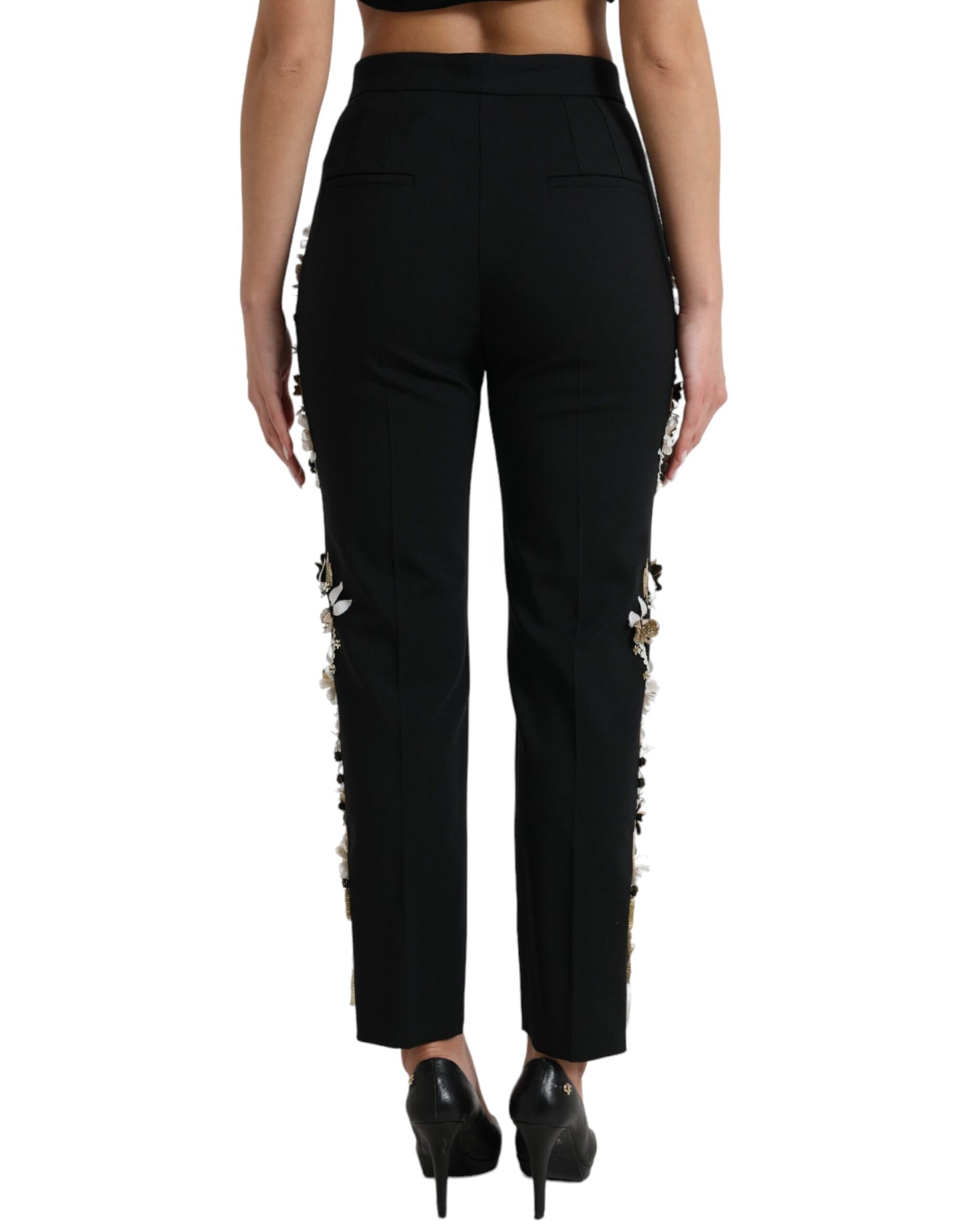 Dolce & Gabbana Black Floral Applique High Waist Tapered Pants