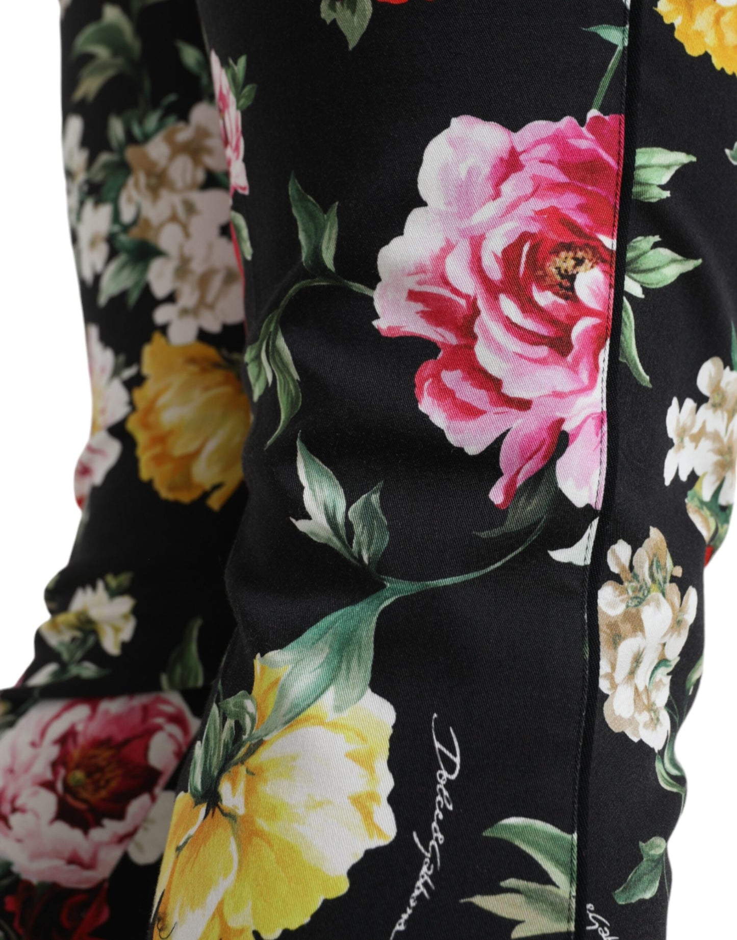 Dolce & Gabbana Black Floral Print Mid Waist Cropped Pants