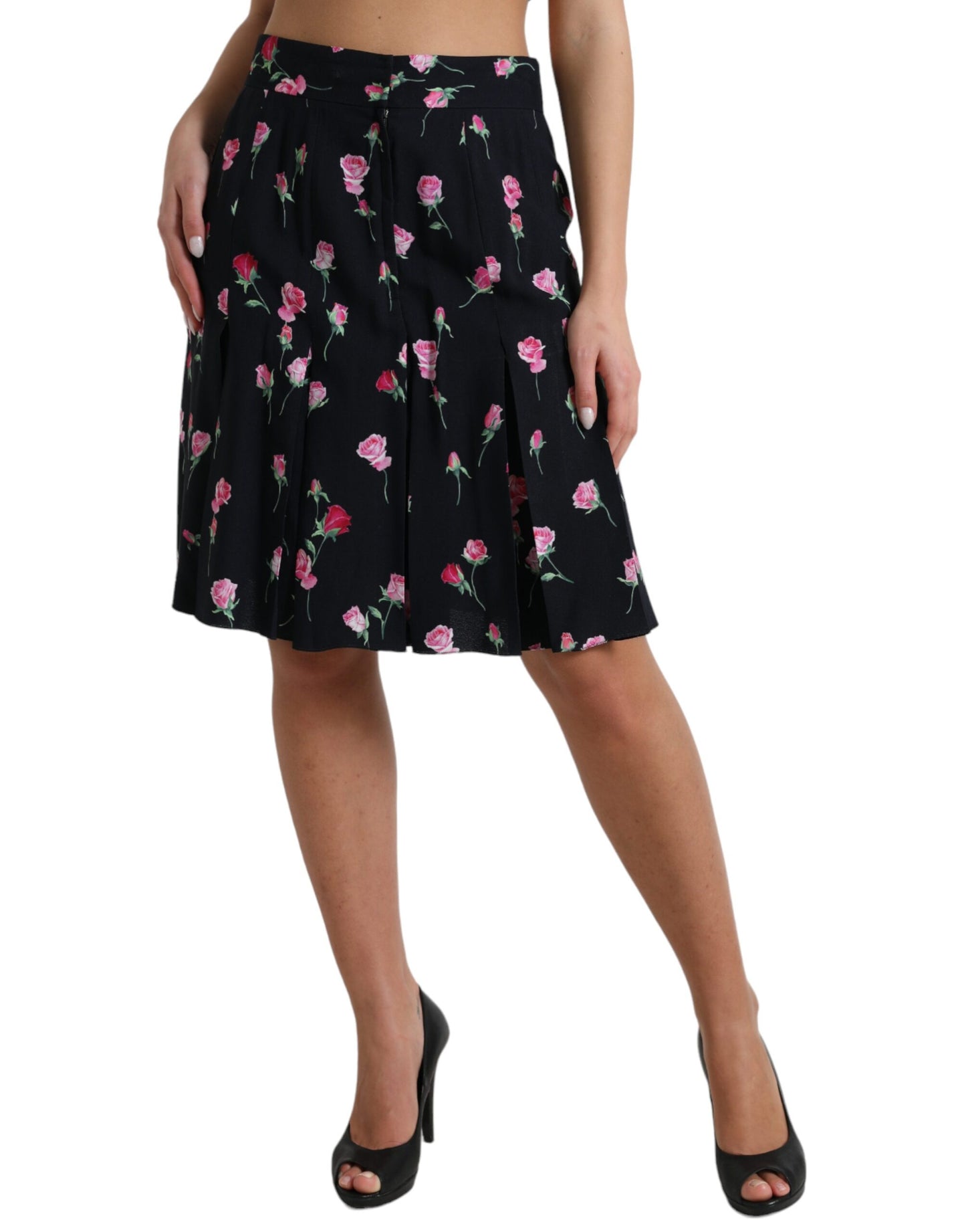 Dolce & Gabbana Black Rose High Waist A-line Knee Length Skirt