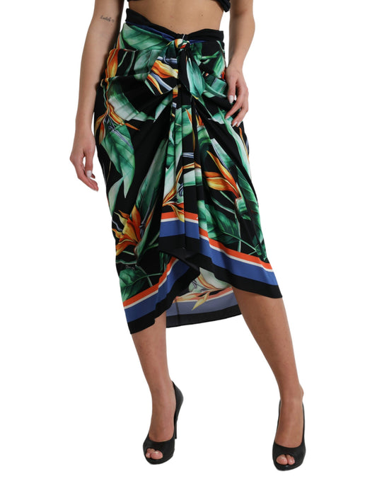 Dolce & Gabbana Black Strelitzia High Waist Wrap Midi Skirt