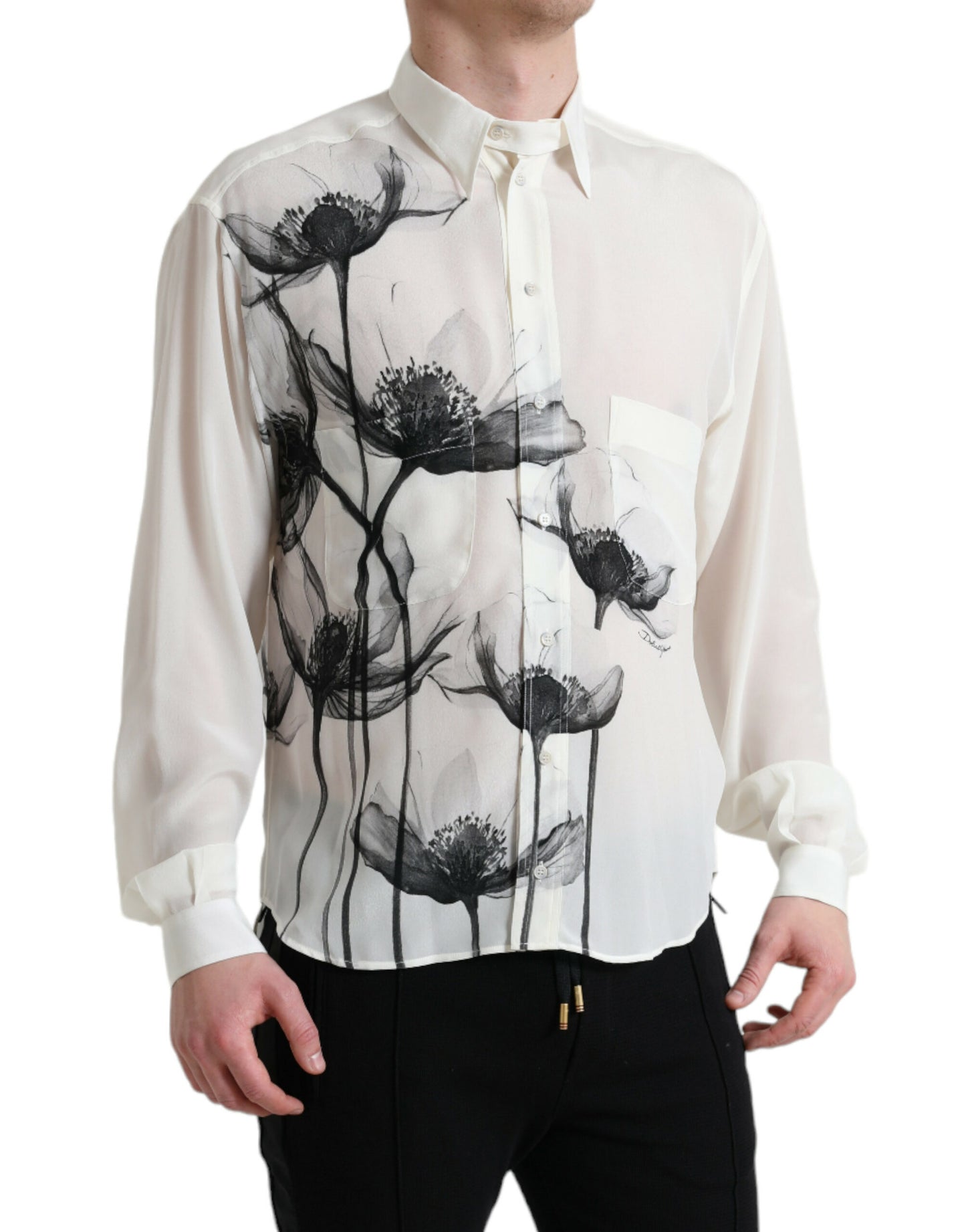 Dolce & Gabbana White Floral Collared Dress Silk Shirt