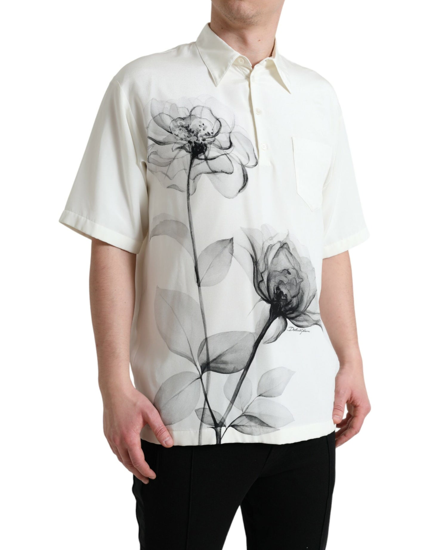 Dolce & Gabbana Off White Floral Print Collared Polo T-shirt