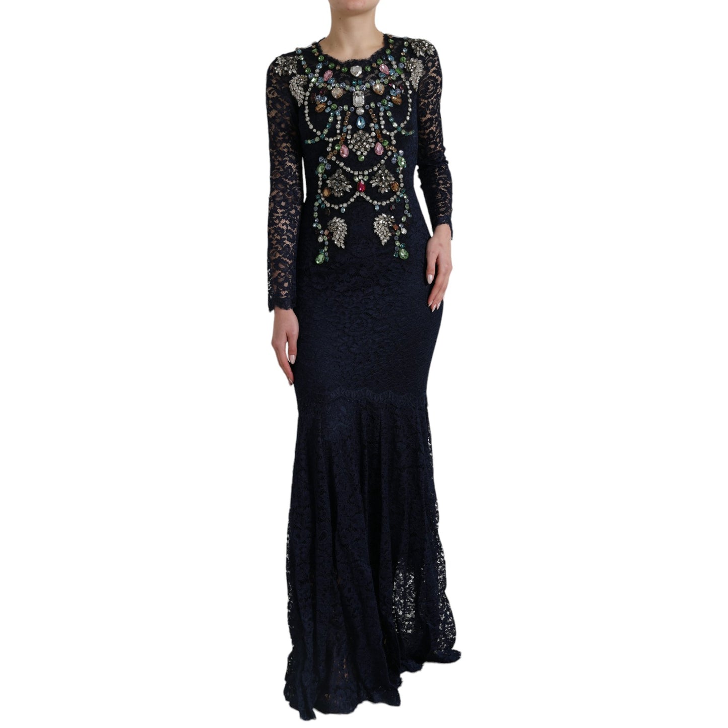 Dolce & Gabbana Blue Crystal Floral Lace Long Gown Dress