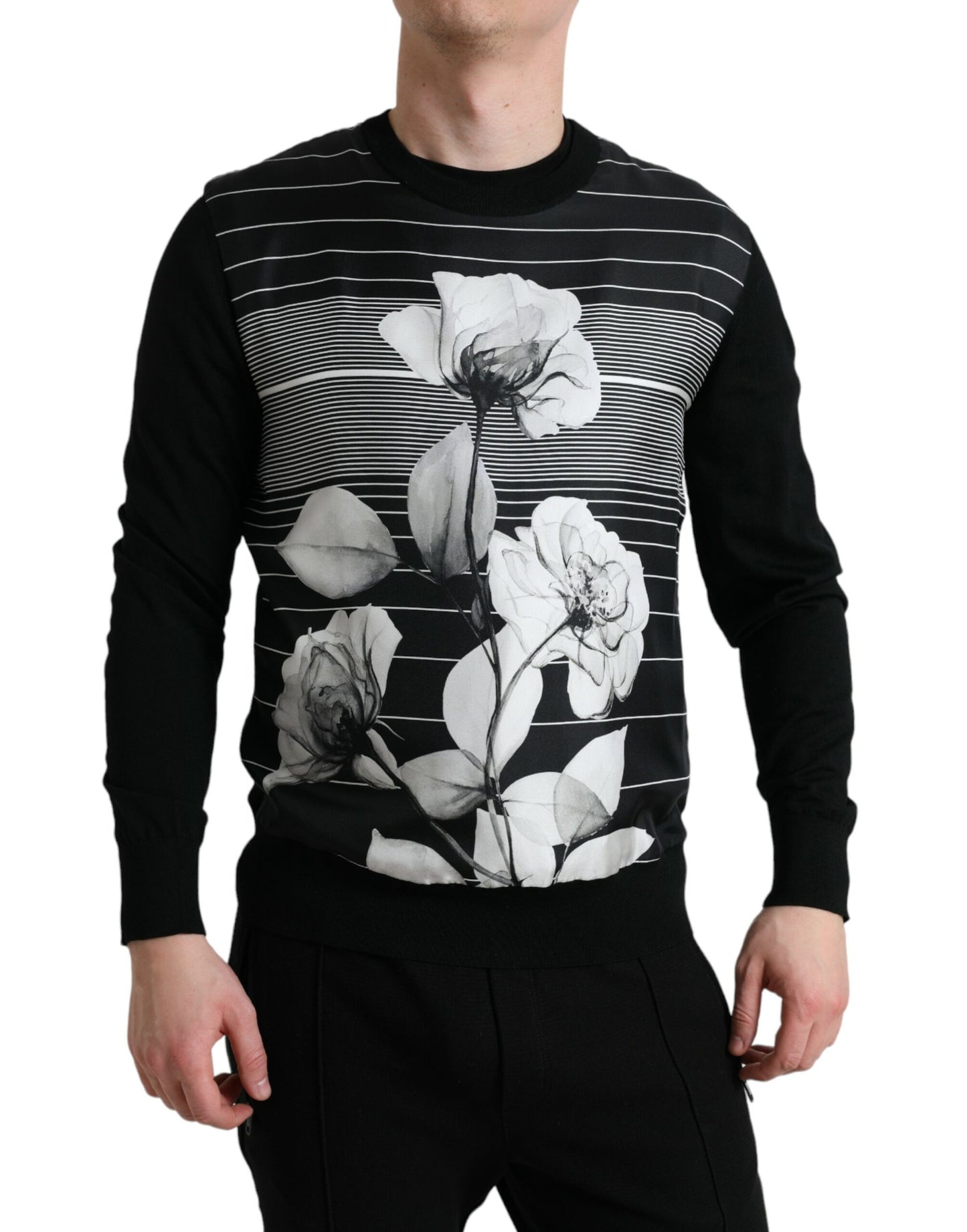 Dolce & Gabbana Black Floral Print Wool Silk Pullover Sweater