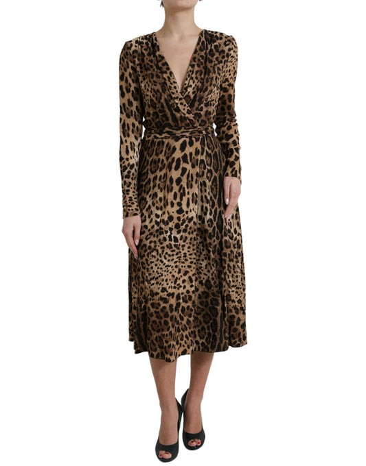 Dolce & Gabbana Brown Leopard Print Wrap Effect Midi Dress