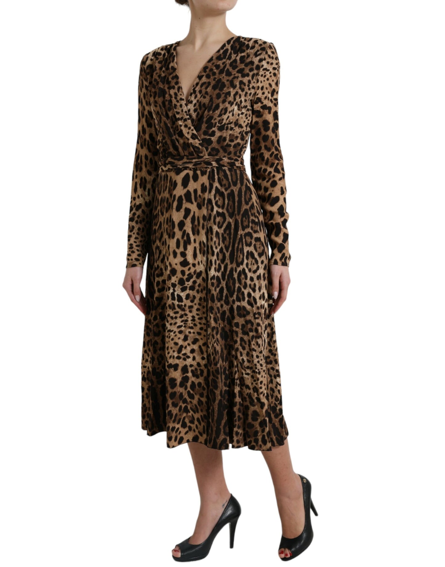 Dolce & Gabbana Brown Leopard Print Wrap Effect Midi Dress